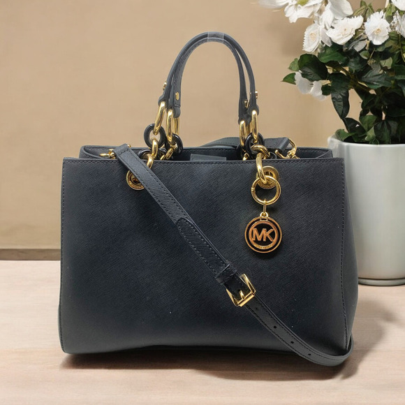Michael Kors Cynthia Black Saffiano Leather Chain Handle Satchel Purse Bag - Picture 2 of 11